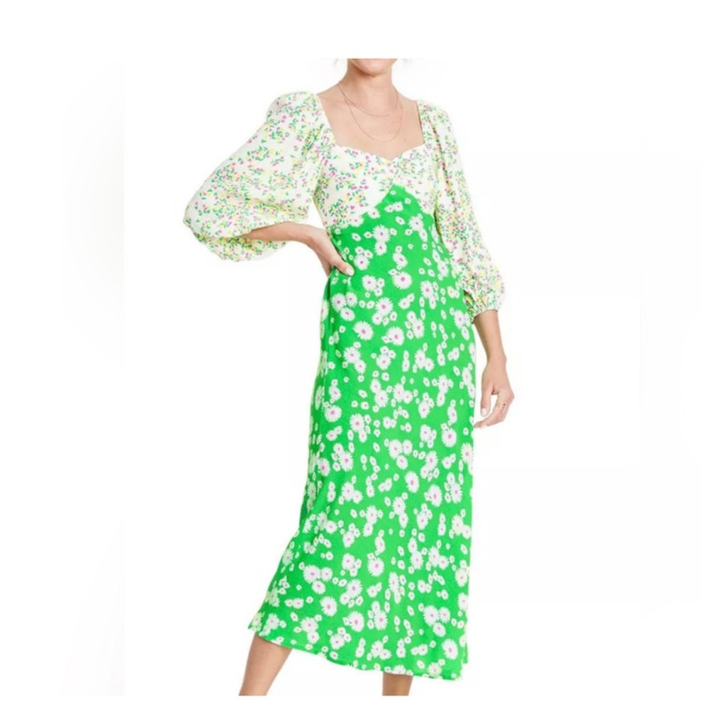 NWT RIXO Target Daisy Green Pink V Neck Floral Rushed Midi Swing Dress Size 12